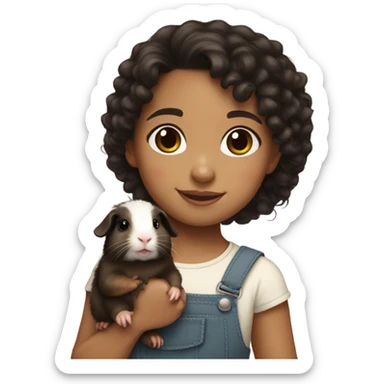 Little light skin girl with black curly hair holding a brown Guinea pig sticker
