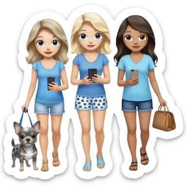 Three pretty women in cute summer clothes walking a blue and gray spotted Merle Frenchie, black and tan chihuahua puppy, holding iPhone, hazel eyed light skin with dark blonde long hair and light skin hazel eyed long wavy dark hair, blue eyed light skin long blonde hair  sticker