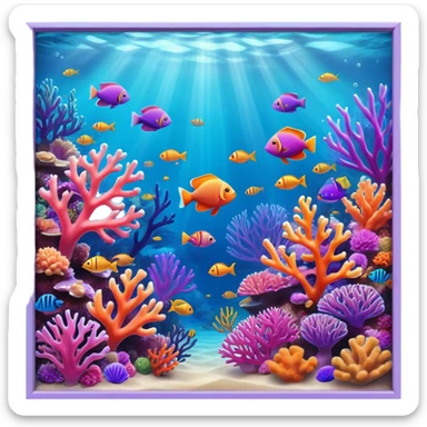 Cinematic Realistic Coral Reef Emoji in a wooden frame, Vibrant and alive, with colorful corals in hues of pink, purple, and orange, swaying gently with the underwater currents. Schools of tropical fish dart between the coral, with soft rays of sunlight piercing through the clear blue water above, creating a magical, serene underwater world. Soft glowing outline, capturing the essence of the bustling, colorful, and peaceful aquatic paradise. sticker