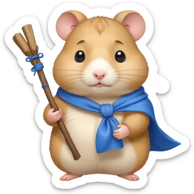 Cute fat cartoon-style hamster carrying a stick with a tied blue cloth bundle (bindle) over its shoulder with a melancholy expression. sticker