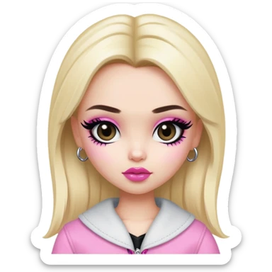 pretty bratz girl, blonde hair, dark brown eyes, pink lips, black eyeliner, pale skin, y2k clothes sticker