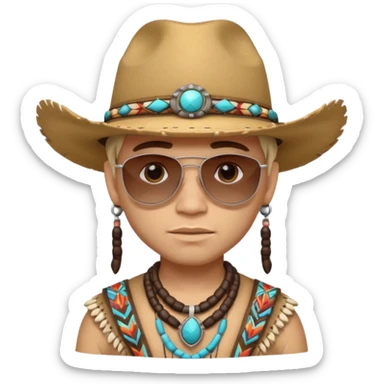 cute Indigenous tribal male portrait, head and shoulders only, cowboy hat, sunglasses, tribal jewelry, confident expression, 3D cartoon, mobile game icon style, clean background, no text, no watermark
 sticker