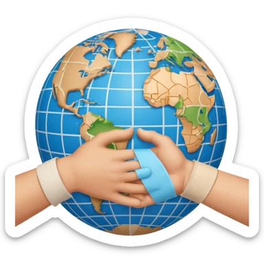 instead of two hands holding a globe, we have two hands handshaking in front of a globe. And in the background, we can see that the globe has a bandage or something.  sticker