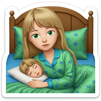 Woman with long dark blond hair and bang, blue eyes sleepy in bed  with green pyjama sticker