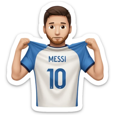 Lionel Messi holding up his own shirt sticker