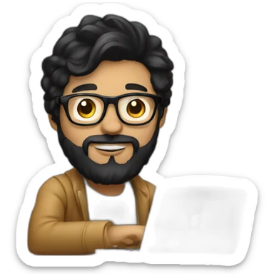 Designer with black hair, beard and glasses working with MacBook and drinking cappuccino  sticker