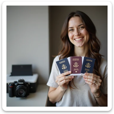 realistic thumbnail image for a passport photo printing service, showing a person smiling while holding freshly printed passport photos, with a camera and printer visible sticker