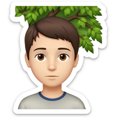 boy with straight short brunette hair brown eyes and tree behind sticker