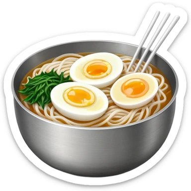 Korean cold noodles (naengmyeon) in a metal bowl, with thin noodles, cold broth, and a half boiled egg on top, iPhone emoji style sticker