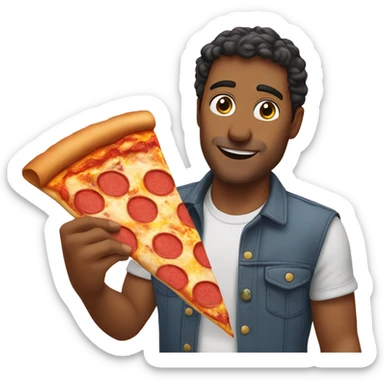 Murat holding a pizza sticker