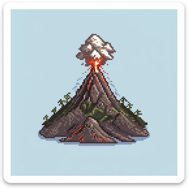 Volcanic island with multiple erupting peaks and ash clouds sticker