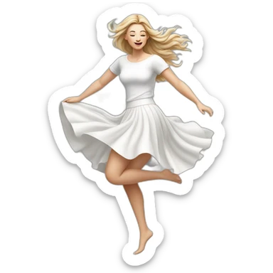 Hyperrealistic Full body Caucasian curvy beauty jumping white skirt back and front views strong wind sticker