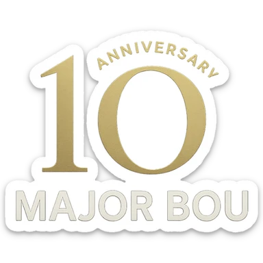 Elegant 10th anniversary logo for Major Bou with gold accents and a modern sans-serif font sticker