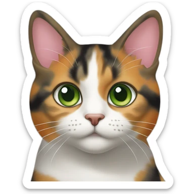 young striped calico cat face with a pink nose, white chin, green eyes, and orange/brown markings sticker
