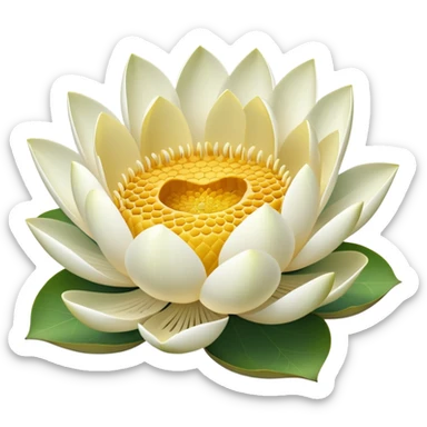 White lotus flower with botanically accurate yellow seedpod center showing honeycomb-like pattern of seed chambers, surrounded by white petals and accurate notched lotus leaf sticker