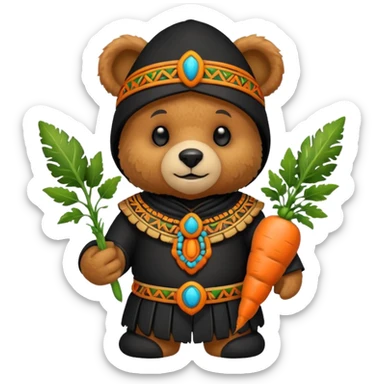 teddy bear Upper, wearing black mayan ancient custome, with carrot half body sticker