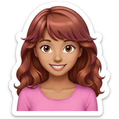 beautiful woman, tan skin, big brown eyes, long wavy auburn hair, bangs, model, pink top, smiling sticker