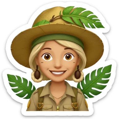 a old female explorer with jungle wearing a large leaf headgear bye  sticker