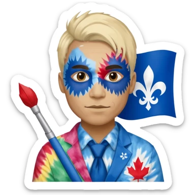 Québécois rockstar w tie die shirt and face paint man w Quebec flag sticker