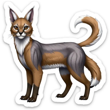 Realistic patterned marked edgy greyish blackish whitish silvery coppery Shiny Colorful Glossy Caracal-Fox-Cabbit-Lion-Bobcat-fusion-animal-hybrid-creature, full body, big-tufted-bat-ears, long-thin-tufted-white-tipped-tail sticker