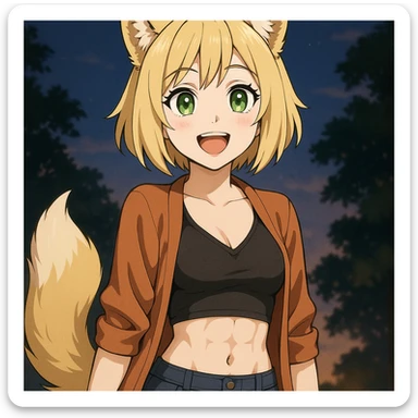 a girl in Demon Slayer anime style, 15 kg, 155 cm tall, short blonde hair, wolf-like blonde ears and tail (furry), shining green emerald eyes, hourglass figure, visible abs, attractive breasts, long eyelashes, red soft lips, very smooth skin, wearing casual evening clothes, joyful expression, loves food and evening walks sticker