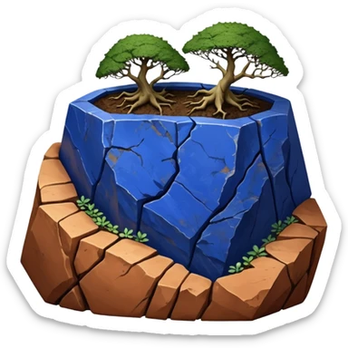 Aged two toned lapis blue terracotta Roots Stoneware akadama moss on soil irregular angular Stone Age rocks cracked crags and broken rough edges forming a very shallow flat Yixing forest pot sticker