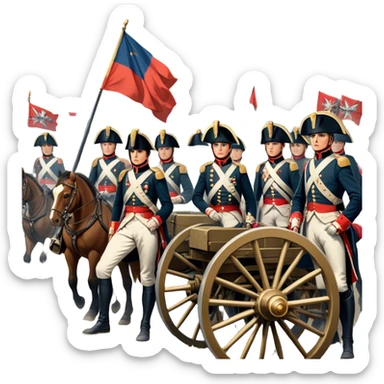 A vintage movie poster-style design depicting a dramatic Napoleonic War scene. Include soldiers in period uniforms, cannons, and a battlefield with flags and horses. The background should evoke a sense of battle and history, with old-fashioned cinematic flair. Transparent background. sticker