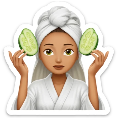 woman at the spa with cucumbers slices covering her eyes and tan skin tone with towel completely covering hair and robe on sticker