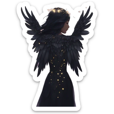 Black Raven wings bohemian Ethereal galaxy constellation girl angel raven wings black wings, gold arrow, nebula, flower crown, fairy lights, iridescent sticker