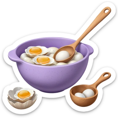 a lilac ceramic mixing bowl with a wooden spoon stirring and sitting next to it is a few eggs sticker