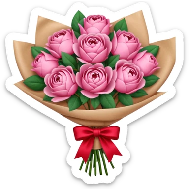 Bouquet of pink flower like rose and peony wrapped in kraft paper with red bow sticker