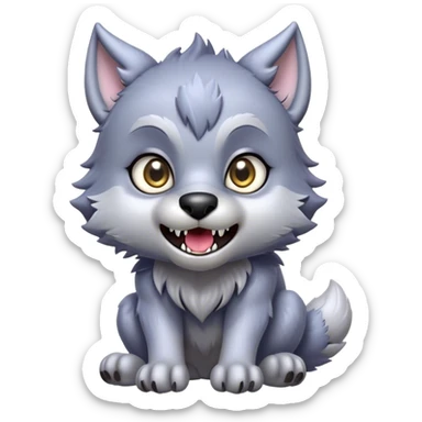 Cinematic Cute Werewolf Portrait Emoji, with a cuddly, miniature lupine form in soft moonlit grays and silvers, featuring oversized sparkling eyes and a sweet, endearing snarl, simplified yet irresistibly adorable, highly detailed with a gentle glowing outline that captures the playful, heartwarming essence of a little werewolf! sticker