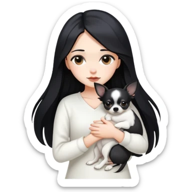 A girl with fair skin, long black hair, white clothes, gently tilting her head, holding a black Chihuahua tightly with both hands sticker