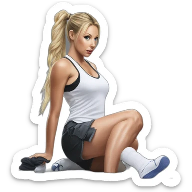 Hyper-realistic painting samantha saint pony tail kneeling in socks sticker