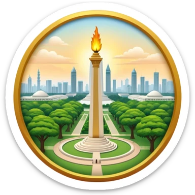 Cinematic Realistic Monas Landmark Emoji, showcasing the National Monument in Jakarta, a towering obelisk with a golden flame, set within a lush park under a clear, radiant sky. sticker