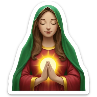 Virgin Mary: kind face looking down at the left, long brown hair, Wearing an emerald green  robe with gold stars and a burgundy red dress,  Hands in prayer or blessing. Halo around her head. standing in front of a big sun. colorful roses on the sides  sticker