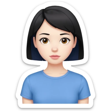 create an emoji of a young woman. She has a nice look, with short black hair, brown eyes, pale skin, natural soft pink lips. she wears a blue short sleeve top sticker