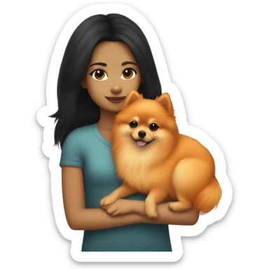 Orange Pomeranian hugging light skin black hair girl sticker