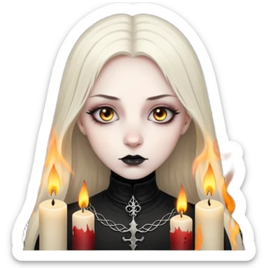 Pale woman with kohl-lined eyes staring through candle smoke, predatory calm, gothic fantasy mood sticker