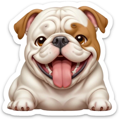 Cinematic Cute Yawning White English Bulldog Portrait Emoji, Head tilted slightly with a dramatic, wide-open yawn, showcasing a smooth, pristine white coat, floppy ears slightly drooping, round brown eyes barely open in drowsy contentment, Simplified yet irresistibly adorable features, highly detailed, glowing with a soft, cozy glow, high shine, relaxed yet expressive, stylized with a touch of whimsy, bright and endearing, soft glowing outline, capturing the essence of a sleepy yet affectionate guardian, so drowsy it feels like it could stretch out of the screen and curl up for a nap! sticker