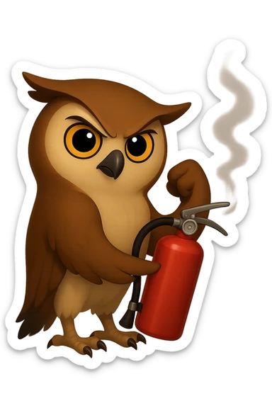 Точно такая же картинка и поза, только в другом крыле сова держит огнетушитель, хвост совы слегка подгорел и от него идет дымок, прозрачный фон sticker