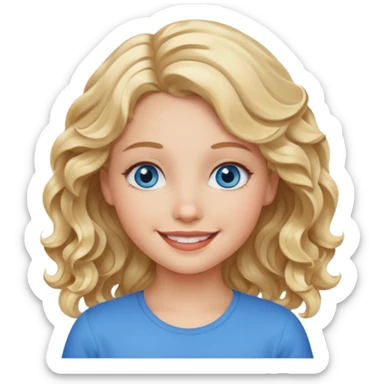 Please generate an image of a girl. She has blue eyes, blond, wavy hair, and is smiling. sticker