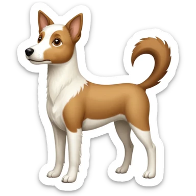 a full body large white parson russell looking dog the size of a kelpie with light brown flapped down ears and a light brown patch on one eye and a large snout sticker