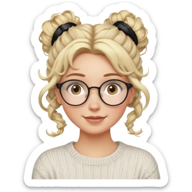 blonde hazel eyes woman with a white cable knit sweater and clear glasses on her head and a curly messy bun with tendrils of hair flowing down her face and she is happy pale, some freckles, blush. she has a cateye wing and long lashes sticker