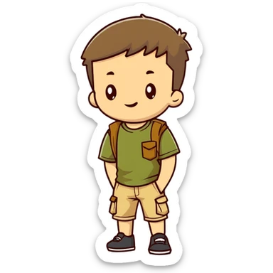 boy wearing an olive-green shirt over a brown T-shirt with beige cargo shorts sticker