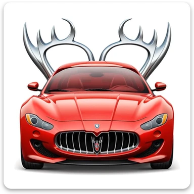 sleek stylized emoji of a Maserati sports car with exaggerated curves, bold grille, iconic trident logo, minimal lines, vibrant shading, emoji aesthetic, emphasizing speed and elegance on a clear white or light gray background sticker