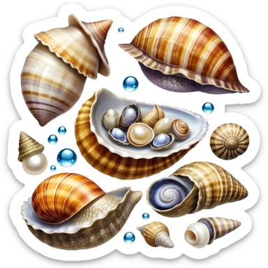A colorful collage of sea snails, clams, and oysters, with intricate shells, pearls, and water droplets. Some shells are open, revealing the soft interior, while others remain closed. Beautiful oceanic background with soft lighting, coral, and aquatic plants. Transparent background. sticker