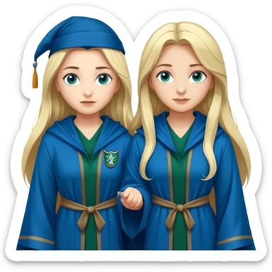 hot Slytherin girl with long blonde hair, blue eyes and big boobs standing with a pretty ravenclaw girl with long dark brown hair and blue eyes sticker