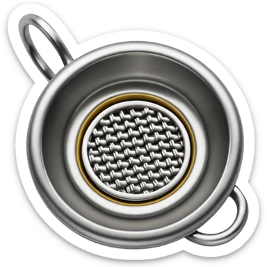 3D render of Tea Strainer, made of interlocking chainmail metal rings, wire mesh texture, visible holes and negative space, metallic silver and grey, high contrast shadows, emoji style, isolated on white background --v 6.0. sticker