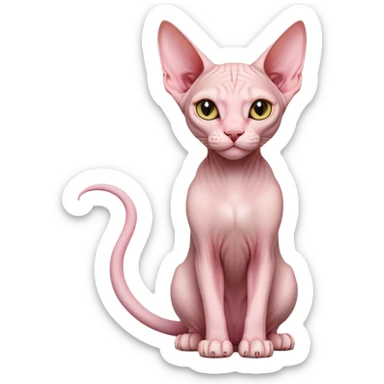 cinematic-[sphynx cat]-realistic-full-body-sitting-emoji,-tail-curled-playfully-around-its-paws,-head-tilted-dramatically,-sleek-[pink]-skin,-simplified-yet-realistic-focused-features,-highly-detailed,-glowing-with-an-almost-sarcastic-glow sticker